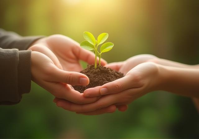 Abstract image symbolizing connection, perhaps two hands gently holding a small seedling or reaching towards each other.