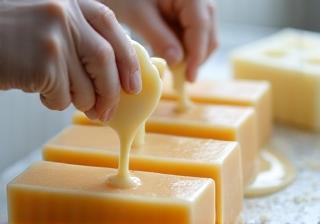 Hands wearing gloves carefully pouring a liquid soap mixture into rectangular molds.