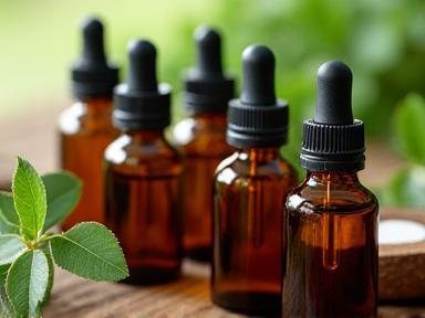 Several small amber glass bottles containing essential oils, arranged near natural elements like leaves and wood.
